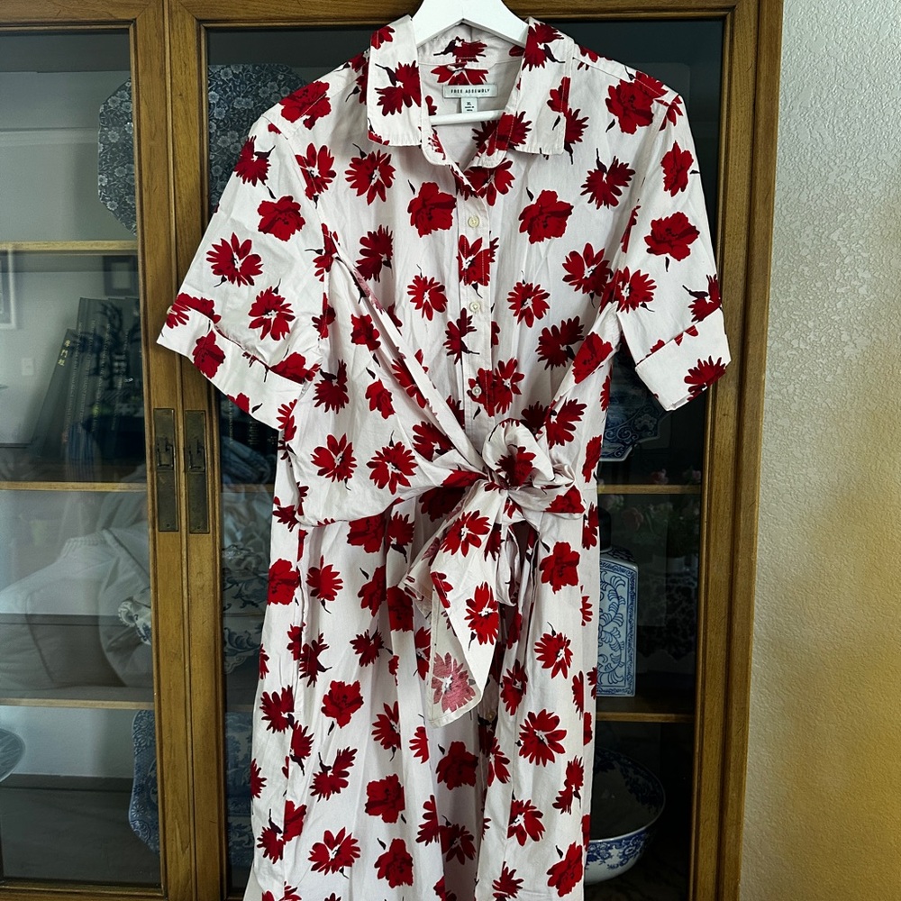 White Dress with Red Floral Print Tie-Waist Shirt Dress